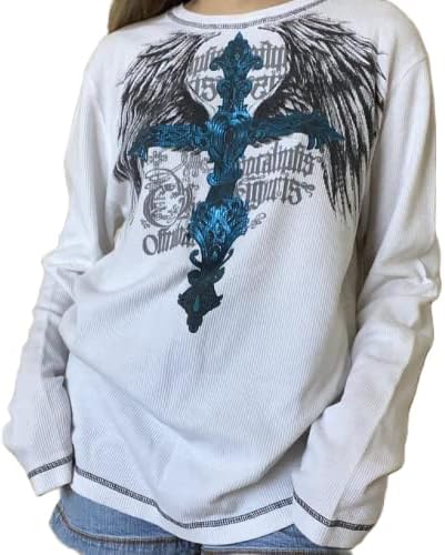 Y2K Fairy Grunge Pullover Sweatshirt Graphic Print Graphic Print Долги ракави маички гроздобер тркалезен панк-панк е е-девојче улична