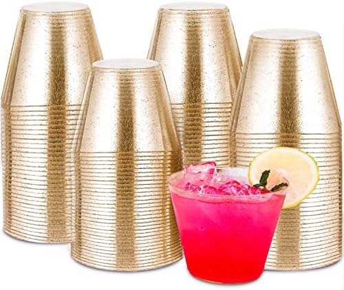 Tobvory 100 пакувања златни пластични чаши - 9 мл тврди златни чаши, премија чаши за еднократна употреба за коктел и пиење - сет за чаши