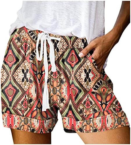 Женски еластичен половината на половината Случајни шорцеви за летни шорцеви на плажа удобни кратки панталони со џебови со џебови
