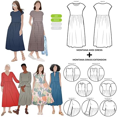 Шема за шиење на лак за стил - Монтана Миди фустан плус пакет за продолжување на пакетот