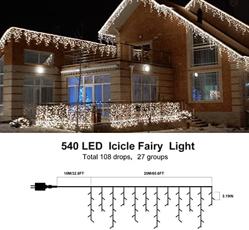 66ft Icicle Lights Надворешно Божиќни завеси за самовила, приклучуваат надворешни ледени светла со 108 капки за украси за балкон