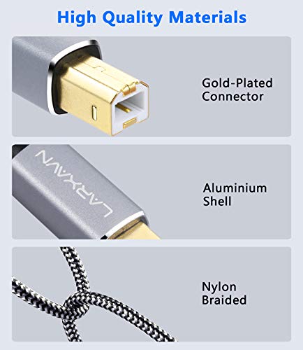 Larxavn USB B до USB C печатач кабел, USB C печатач кабел USB C до USB B компатибилен со печатачот, скенерот, контролорот MIDI,