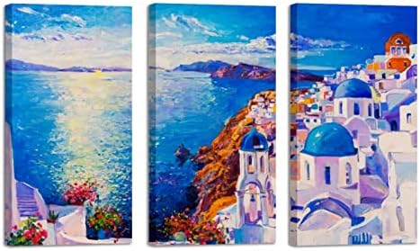 3 панели врамени платно wallидни уметности нафта Сликарство сино море бели куќи уметнички маслени слики модерна домашна уметност подготвена