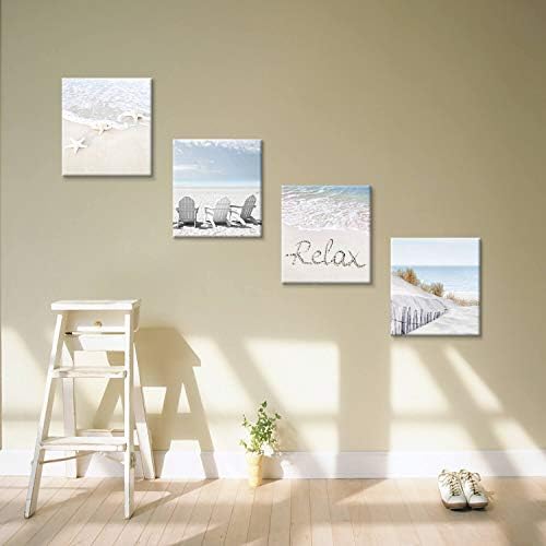 Крајбрежната уметничко дело плажа wallидна уметност: Starвездена риба и столови на сликарство со песок со слика со зборови на платно за дневна