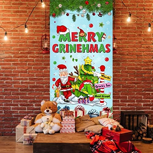 Декорации за Божиќни забави на Chinthie Среќна Божиќна врата Покриена позадина со Дедо Мраз Божиќно дрво Фото реквизити што висат банер за затворен простор од влезнат?