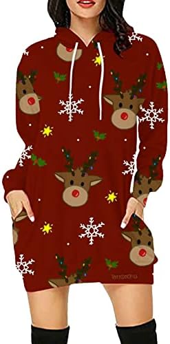 Ruziyoog женски весели Божиќни дуксери се облекуваат грдо печатено долги ракави пулвер влечејќи ги маичките фустани за џемпери