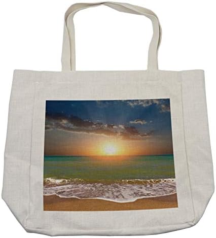 Торба за купување торбичка за морско море, панорама на зајдисонце над океанот хоризонт и песок плажа меки облаци на небото, еколошка