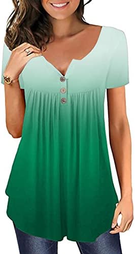 Блузи од туника на Wenini за жени - женски кошули Краток ракав V вратот маица градиент копче до блуза за жени маички
