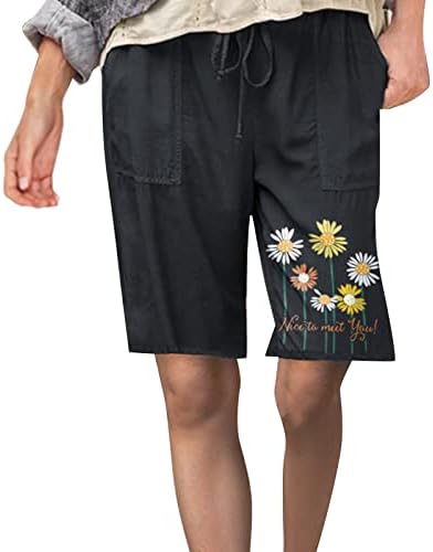 Grge Beuu летни женски памучни постелнини за лекови Обични еластични еластични половини на коленото, цветно печатење Бермуда кратки панталони со џеб