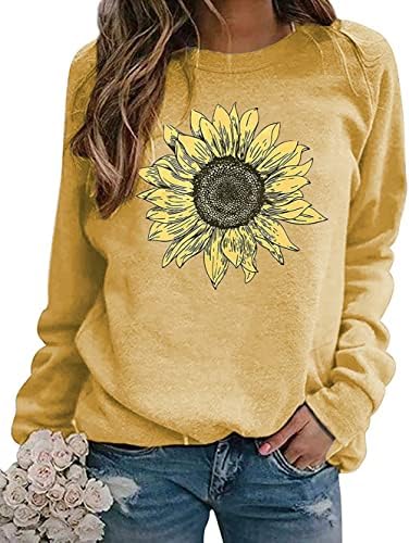 Сончоглед џемпер жени смешни цветни графички долги ракави симпатична цветна пулвер вера вера, врвови зимски џемпер врвот на врвот