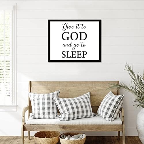 Ретро стил виси wallиден знак со мотивациони цитати да му го дадете на Бога и одете да спиете, закачете црна рамка дрвена плакета за