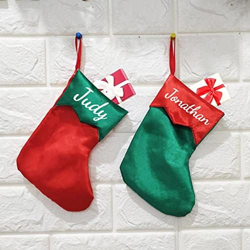 Персонализирани семејни божиќни чорапи обичај црвено и зелено Божиќно порибување со име 7 инчи мали 2-12pcs сатенски порибување виси украс