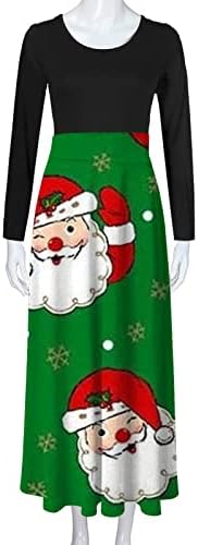 Women'sенски империја половината макси фустан Божиќно печатење крпеница удобна мека вклопена коктел замав фустан со долг ракав класични фустани