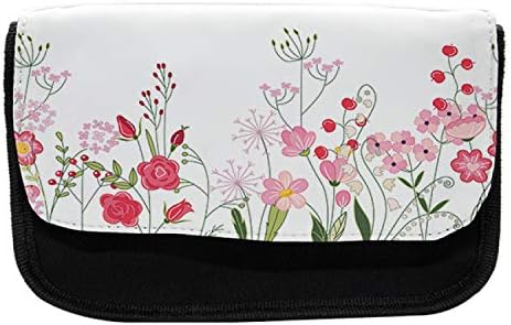 Необичен пролетен молив случај, цвеќиња бобинки и билки, торба со молив со ткаенини со двоен патент, 8,5 x 5,5, зелена розова и магента