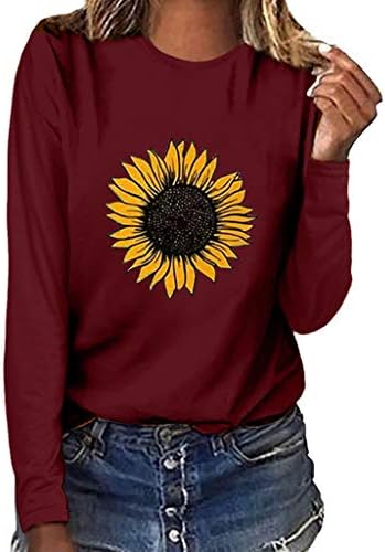 Женски маички за летни печати маица Топ сончоглед пуловер О-врат за џемпер на џемперски ракави долги жени