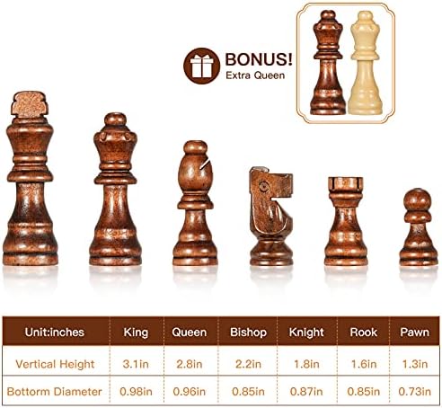 Шаховски Сет 15 Дрвена Игра На Табла-Дрвени Комплети со 2 Кеси за Складирање и 2 Дополнителни Кралици-Кутија За Подароци За Мажи Тато