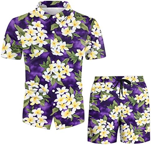 Менс хавајски кошули и шорцеви 2 парчиња кратки ракави цветни плажа за одмор на плажа надолу на облеки на мускули