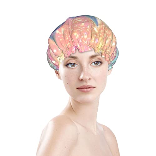 Womenените што можат да се користат затегнати капа за коса, сјајни розови сирена двојни слоеви водоотпорна капа за бања за туширање