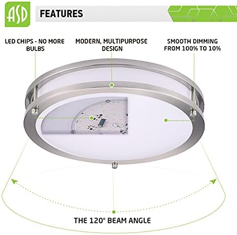 ASD 12 -инчен светло за плакнење на таванот, LED затемнето близу до таванот за светло за перење во ходникот, четкан никел, 20W, 1400