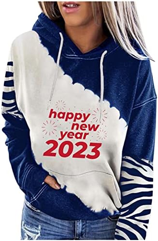 Среќна нова година 2023 година, женски маица, женска мода качулка симпатична крава печати со долги ракави пулвер, маичка со џеб со џеб
