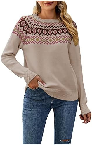 Џемпер на пуловер за жени обични пријатни џемпери со карирани џемпери раглан врвови со долги ракави со етнички стил на етнички стил