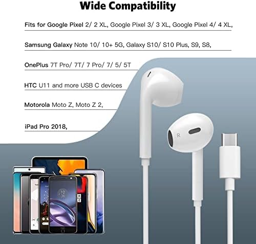 4 Слушални слушалки со USB C слушалки со бас слушалки со микрофон стерео во слушалки за ушите со ушите со контрола на јачината на звукот компатибилен со Google Pixel 2/XL, Samsung