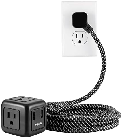 Додатоци на Филипс 3-аутлет Коцка за продолжување на кабелот со 2 USB-A порти, 10 ft екстра долги кабел за напојување, излез на излез, плетенка со кабел, рамен приклучок за