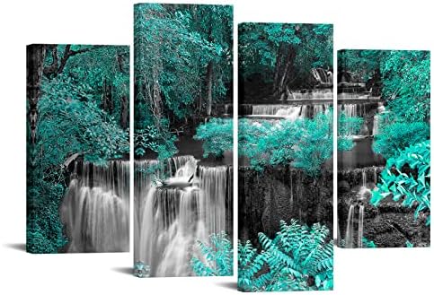 Velvarts 4 парчиња водопад платно wallидна уметност чај зелени дрвја шумски пејзаж слика слика печати црно -бела тиркизна дневна соба