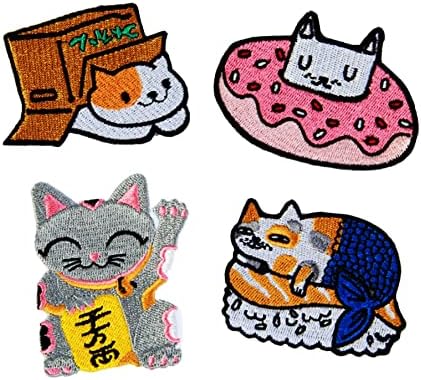 4 парчиња смешен цртан филм јапонски среќа мачка железо на закрпи, извезено шиење на закрпи сопствени тактички закрпи за фармерки за DIY,
