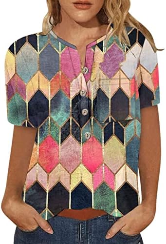 Плус Големина Блузи За Жени, Копче Надолу Печатење Жени Врвови Графички Кратки Ракави Блуза Екипажот Маици