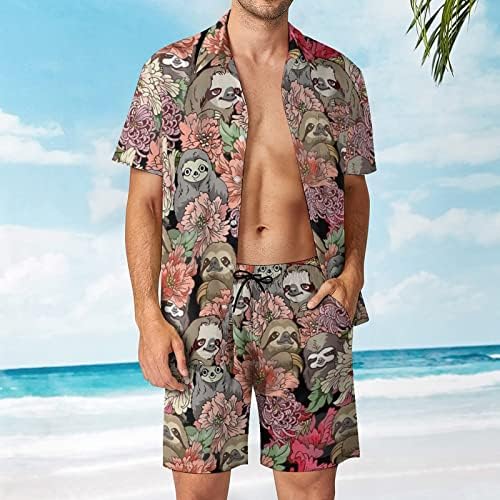 Weedkeycat мрзници машка облека за плажа 2 парчиња Хавајско копче надолу со кошула Краток ракав и шорцеви