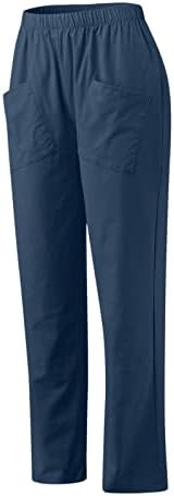 Pantsенски памучни постелнини панталони, обични еластични високи половини права нога палацо јога каприс тенок фит панталони за