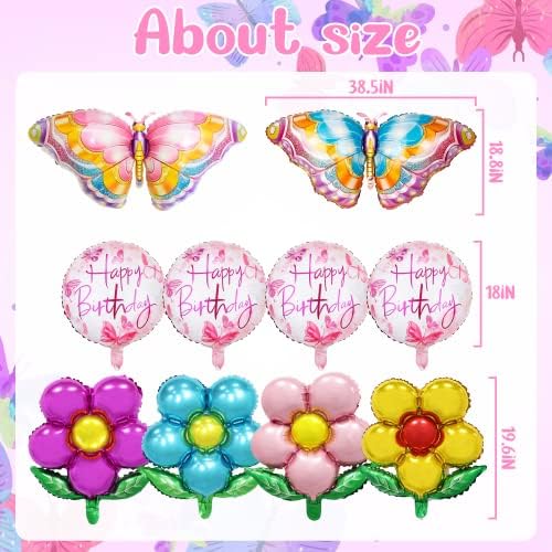 Декорации за пеперутка за роденден, вклучуваат голем балон со пеперутки, цветни балони, 12 парчиња пролетни цветни тематски украси за забави