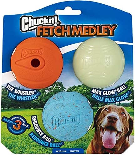 Чакит! Fetch Ball Medley, Medium, Bog Ball, 3 Pack, Whistler, Max Glow и Rebuce топки вклучени и играчка за кучиња на Whistler