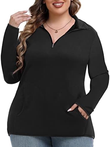 Foreyond Women Plus Size Sweatshirt Долг ракав Половина патент Пулвер четвртина од поштенски кошули врвови со џебови со џебови