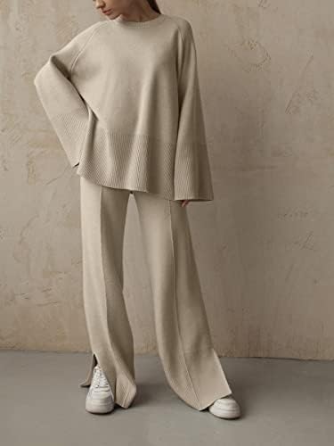 Womenените лабави над големината на плетените 2 парчиња облеки од џемпер на врвот и широките панталони за нозе