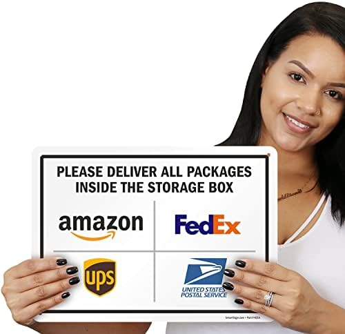 SmartSign 10 x 14 инчи „Ве молиме испорачајте ги сите пакети во кутијата за складирање“ Метал знак со логоа за испорака, 40 мил.