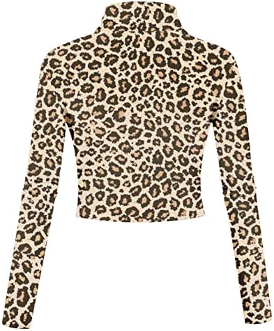 Тенок кошула блуза за жени леопард печати кратки туники за висина на вратот со долги ракави, врвови со жешка облека за облека, кошула