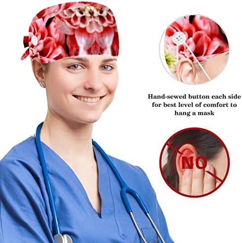 Медицинска медицинска сестра капачиња жени долга коса, chrysanthemum цвет прилагодливо работно капаче со копче и лак за коса
