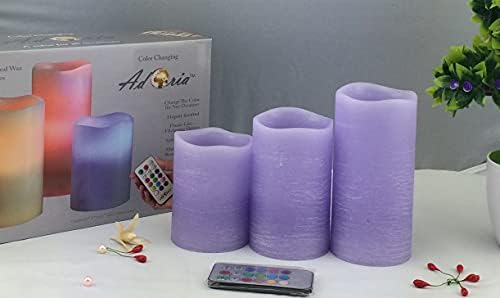Adoria Purple Flamless Candles Set 3- Реални свеќи за восок столб со далечински управувач со повеќе функции за промена на бојата/треперење/ноќно