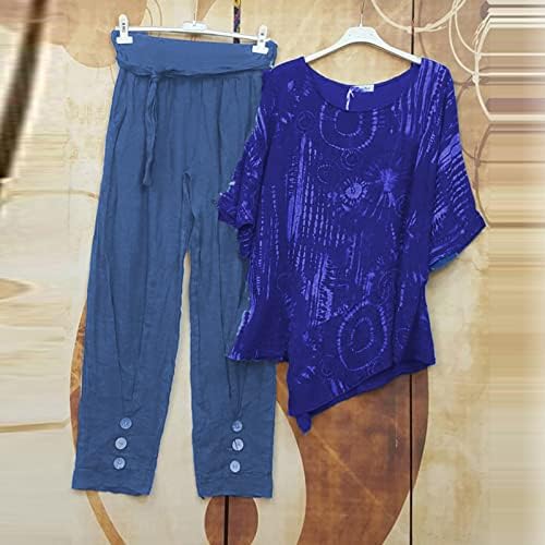 Yubnlvae две парчиња облека за жени 2023 летни постелнина поставени лабави панталони и врвови случајни удобни плус сетови со големина
