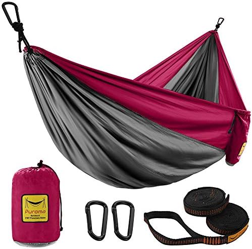 Puroma Camping Hammock Single & Double Portable Hammock Ultralight најлон падобран хамаки со 2 висечки ленти за ранец, патување, плажа, кампување, пешачење, дворот