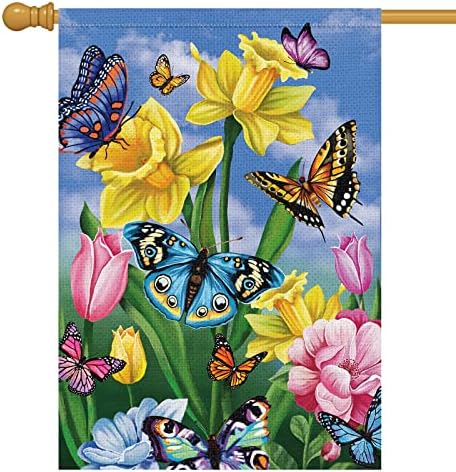 Луис Мелис пролетно градинарско знаме 28x40 Двоен едностран вертикал, Бурлап голем пеперутка цвет цвет добредојде градина дворот на куќата надвор