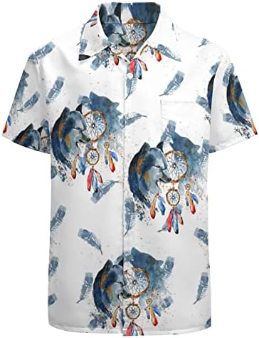 Акварел сонувач со соништа со две волци за машки кошула со кратки ракави на хавајски врвови за кошула за обична работа на плажа