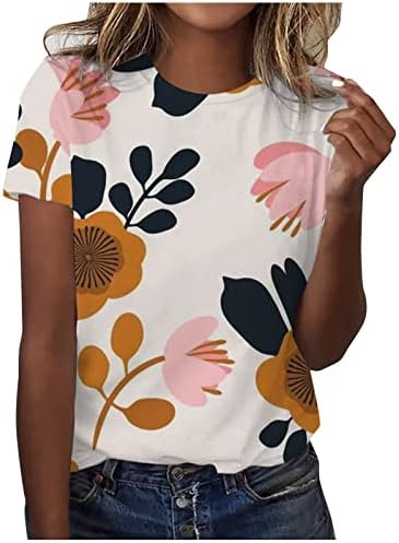 Womenените летни врвови модни обични кратки ракави со тркалезен врат маица цветни печатени врвови од туника
