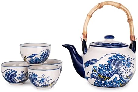 Колекција Хиномару Јапонски Стил Хокусаи Канагава Дизајн На Бранови 25 fl Oz Керамички Чајник Со Рачка Од Rан и 4 Комплети Чаши За Чај