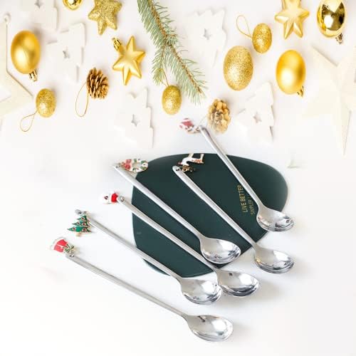 Божиќни Десертни Лажици, 6 Парчиња Сребрени Божиќни Тематски Лажици За Кафе Од Нерѓосувачки Челик, Со Пакување Кутии За Подароци, Погодни