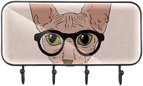 Рачно Нацртана Мачка Со Црни Очила За Печатење На Решетката За Палто, Решетка За Влез На Палтото со 4 Кука За Капут Капа Пешкир Чанта