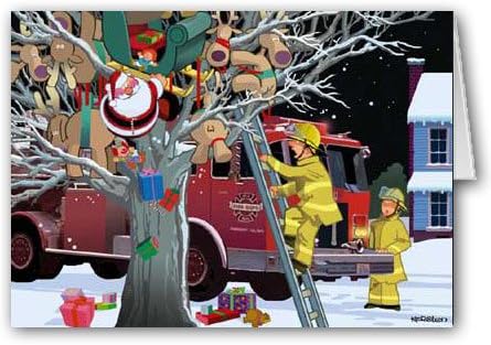 Пожарникари на Божиќна картичка за спасување - Божиќни картички за пожарникари -18 картички и коверти