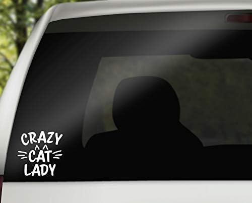 Луда мачка дама винил декларална | Бело | Направено во САД со декорации на Foxtail | За прозорци за автомобили, таблети, лаптопи, шишиња со вода, итн. | 4,5 x 4,5 инчи